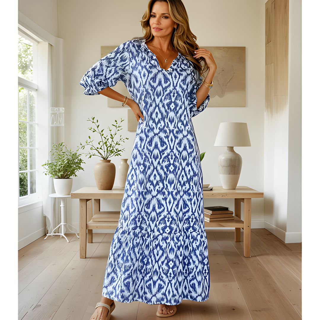 Maxi Dress Women - Ikat Print V-Neck with Flared Hem | Summer