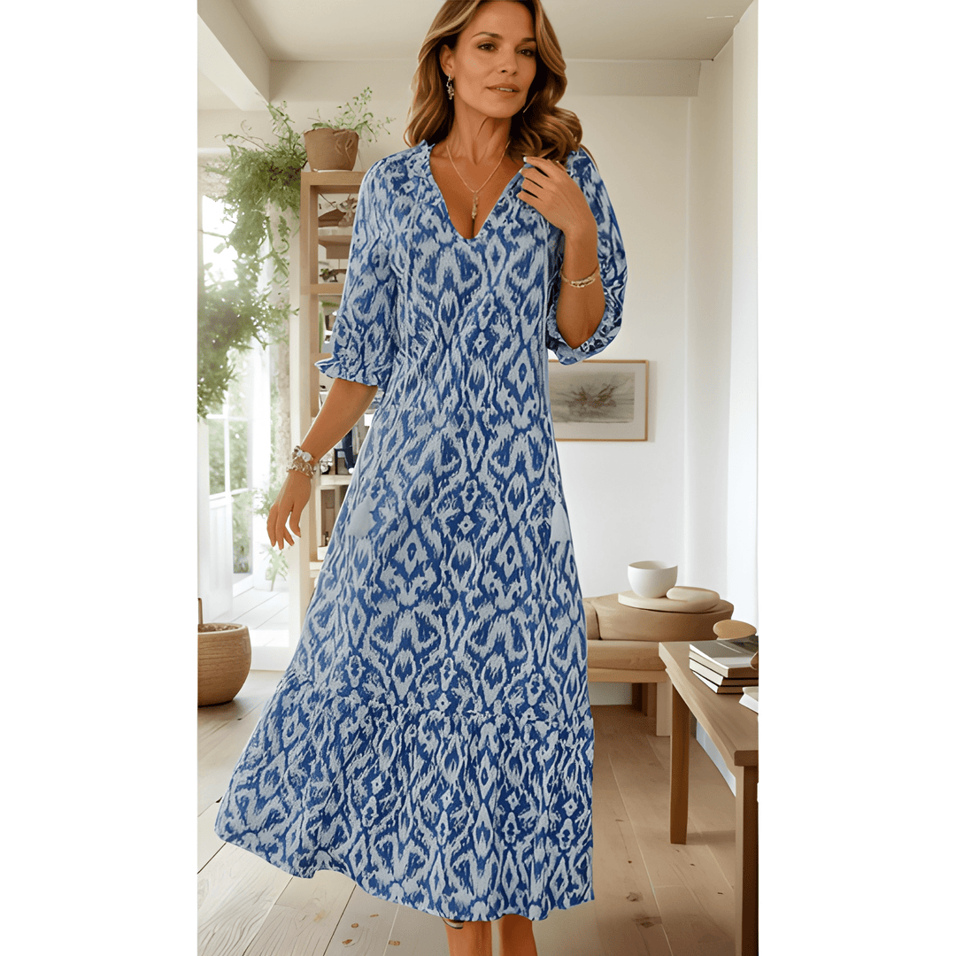 Maxi Dress Women - Ikat Print V-Neck with Flared Hem | Summer