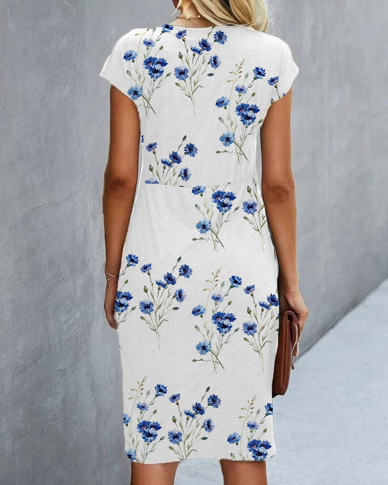 Summer Dresses Women - Floral Print Fitted Midi | Cap Sleeves