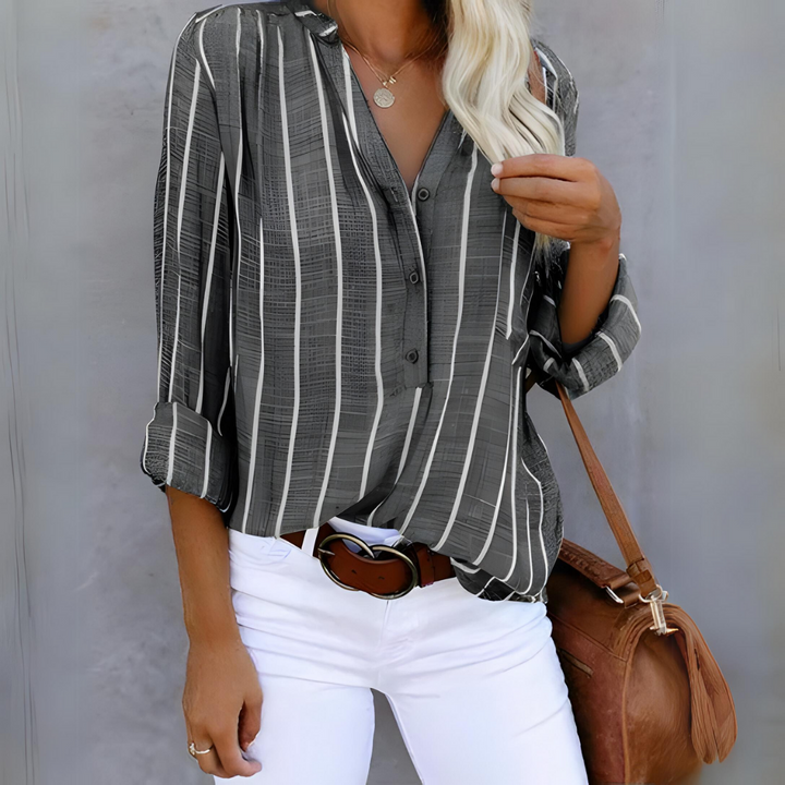 Women's Shirt - Stripe Print V-Neck Long Sleeve Button Front | Casual