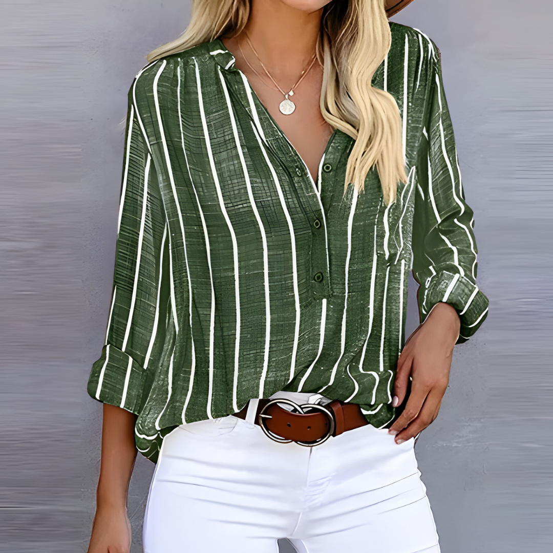 Women's Shirt - Stripe Print V-Neck Long Sleeve Button Front | Casual