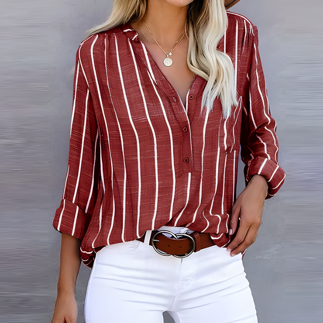 Women's Shirt - Stripe Print V-Neck Long Sleeve Button Front | Casual