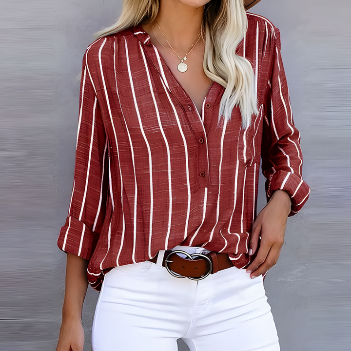 Women's Shirt - Stripe Print V-Neck Long Sleeve Button Front | Casual