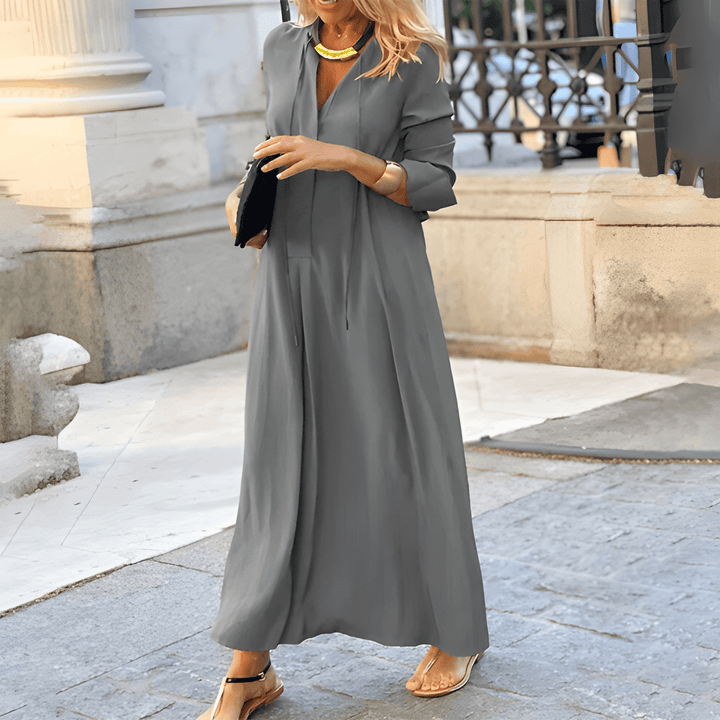 Maxi Dress Women - V-Neck Long Sleeve Relaxed Shirt Style | Elegant