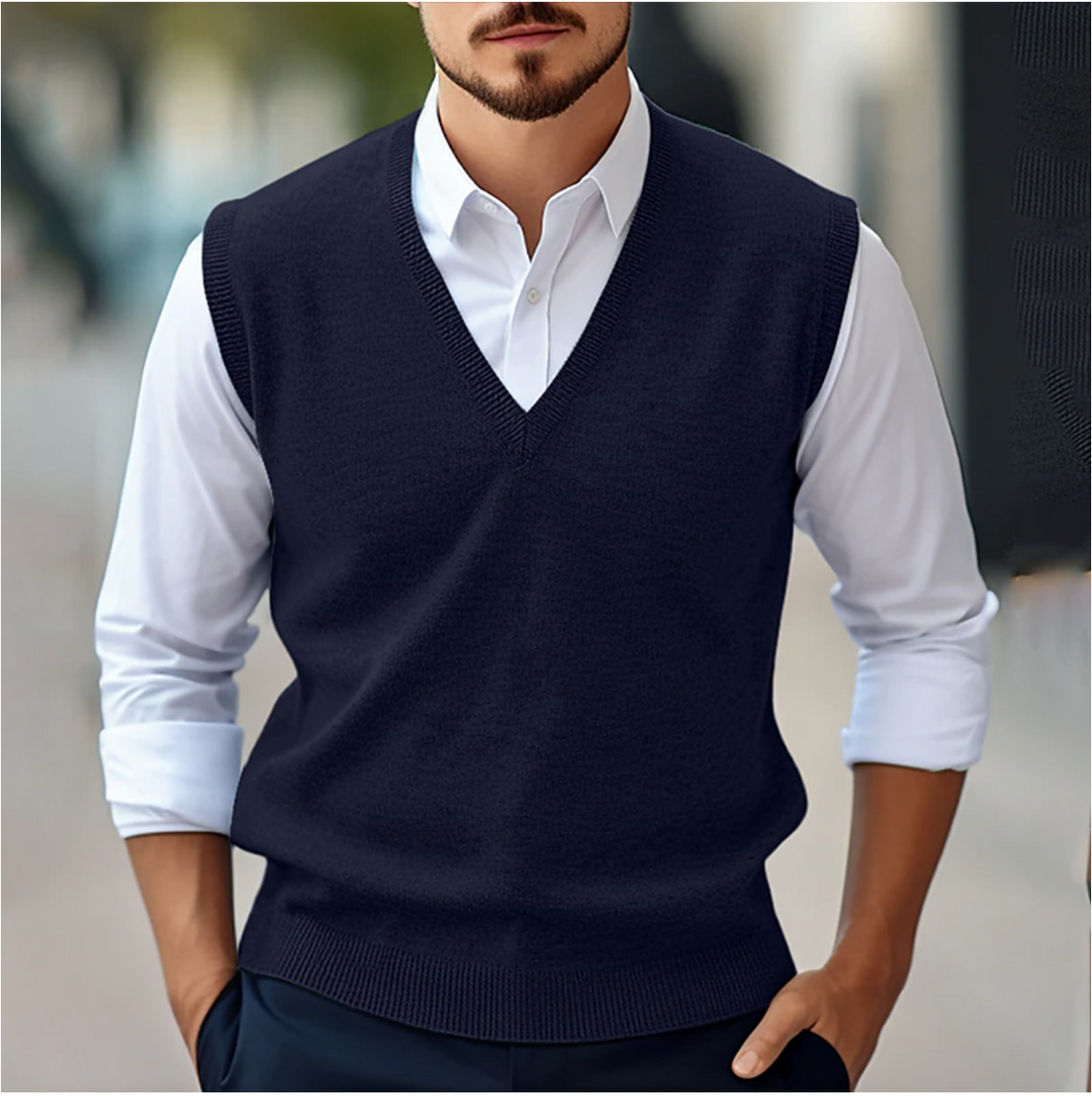 Mens Waistcoat - Knitted Sleeveless V-Neck with Ribbed Hem | Smart Casual