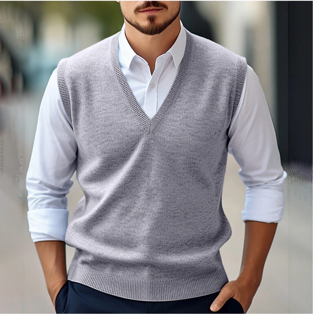 Mens Waistcoat - Knitted Sleeveless V-Neck with Ribbed Hem | Smart Casual