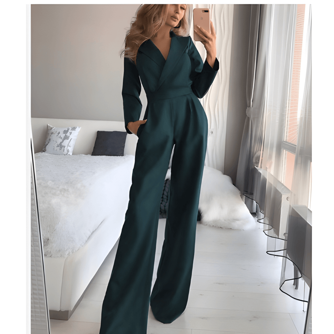 Women's Jumpsuit - Wide Leg Long Sleeve Deep V-Neck | Elegant