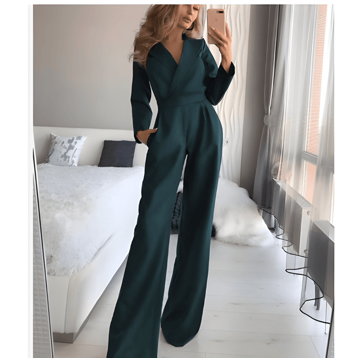 Women's Jumpsuit - Wide Leg Long Sleeve Deep V-Neck | Elegant