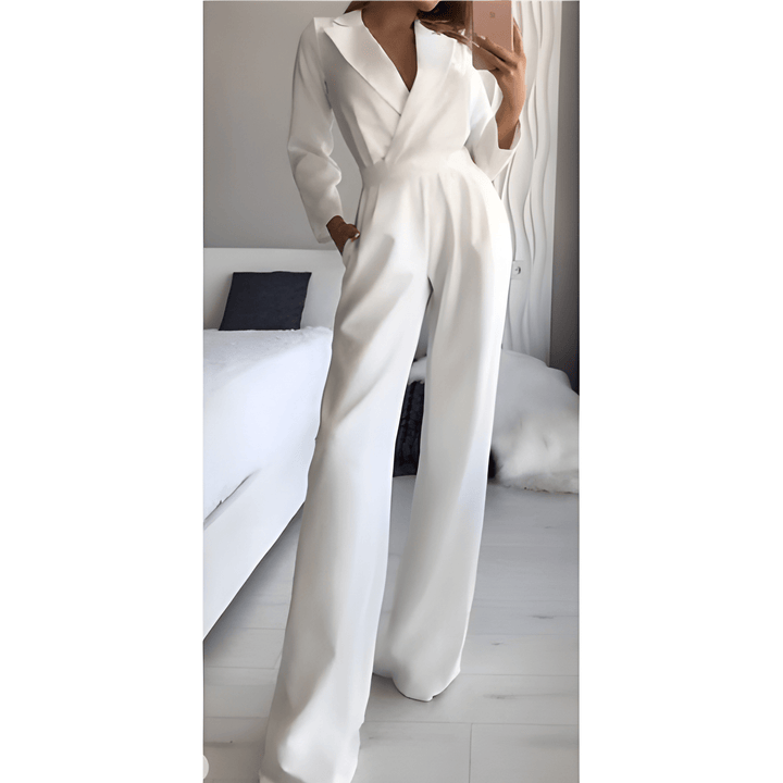Women's Jumpsuit - Wide Leg Long Sleeve Deep V-Neck | Elegant