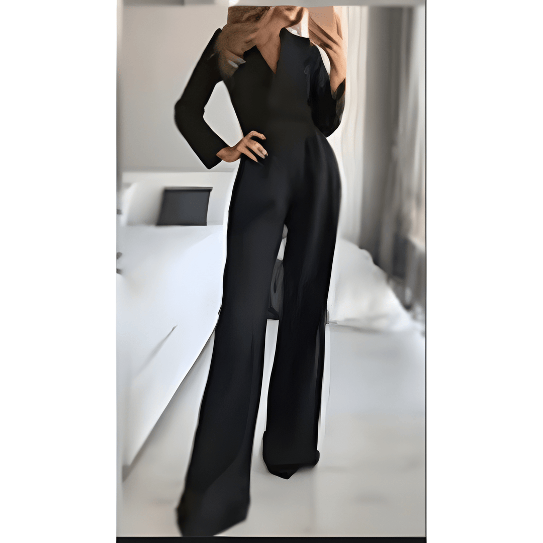 Women's Jumpsuit - Wide Leg Long Sleeve Deep V-Neck | Elegant
