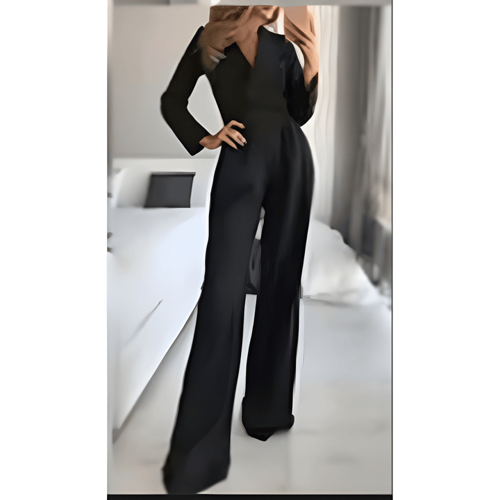 Women's Jumpsuit - Wide Leg Long Sleeve Deep V-Neck | Elegant
