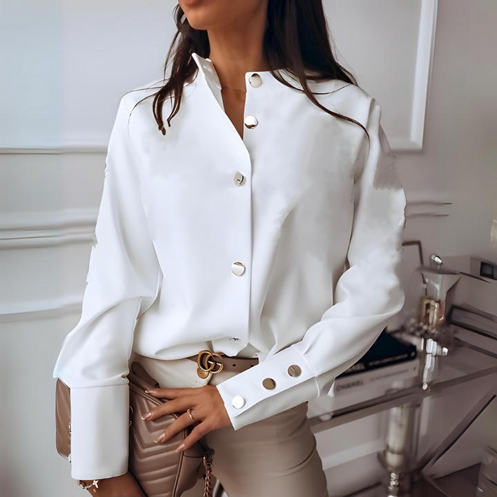 Women's Blouse - Long Sleeve Gold Button Stand Collar | Smart Casual