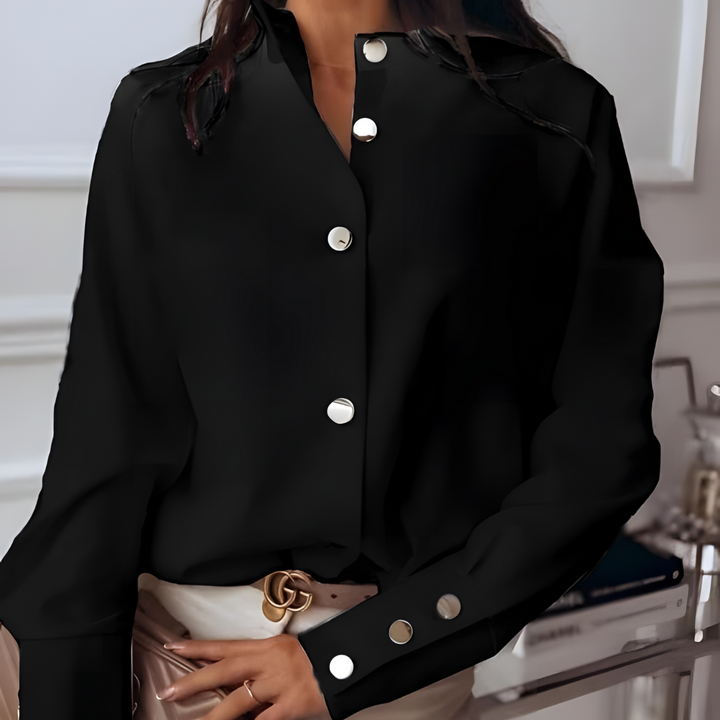 Women's Blouse - Long Sleeve Gold Button Stand Collar | Smart Casual