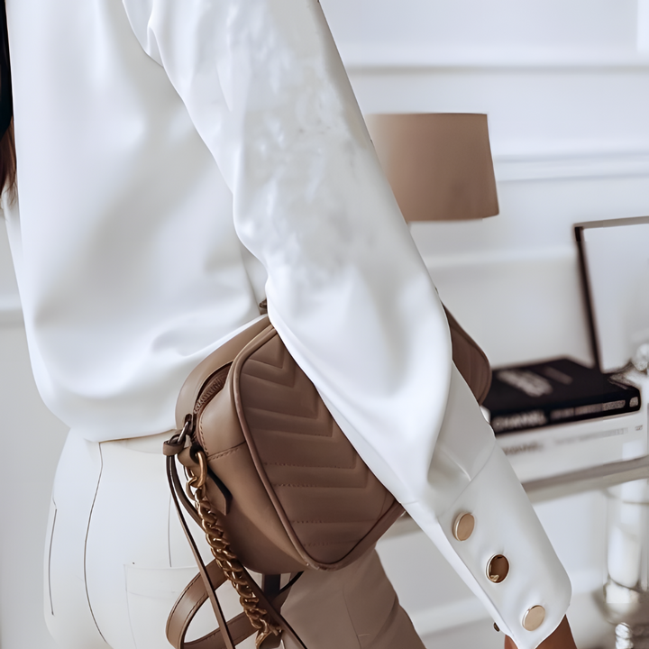 Women's Blouse - Long Sleeve Gold Button Stand Collar | Smart Casual