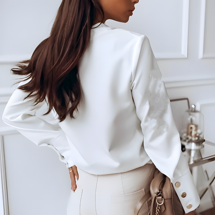 Women's Blouse - Long Sleeve Gold Button Stand Collar | Smart Casual