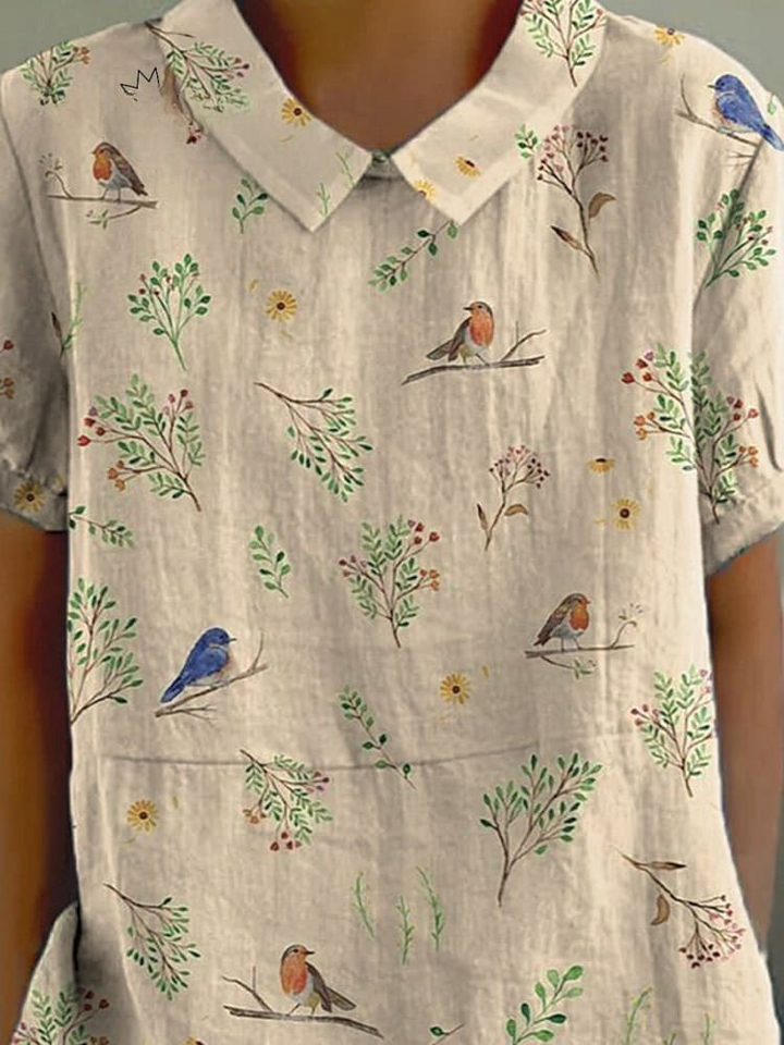 Women's Shirt - Floral Bird Print Short Sleeve Collared Top | Casual