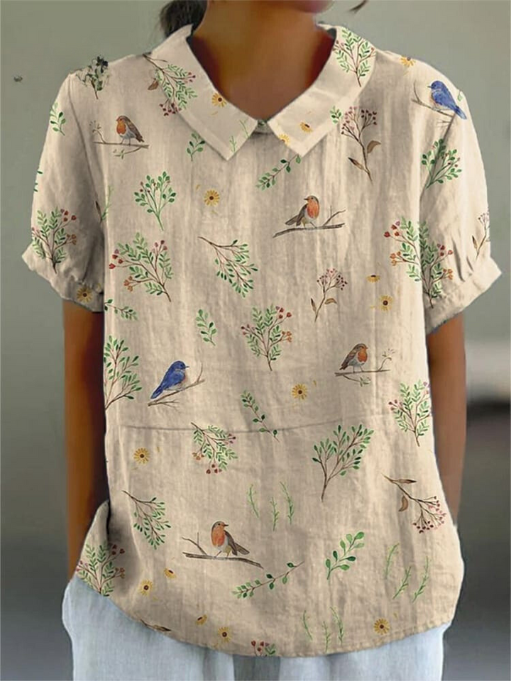 Women's Shirt - Floral Bird Print Short Sleeve Collared Top | Casual