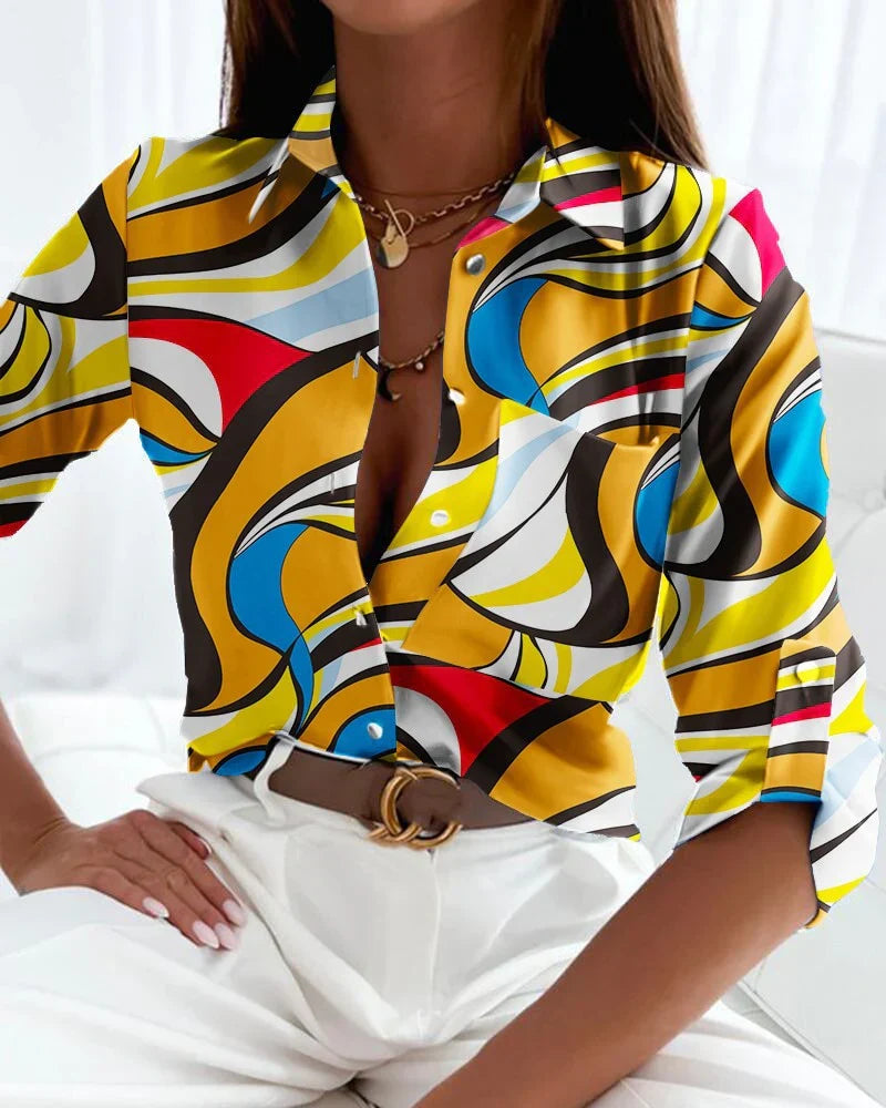 Women's Shirt - Geometric Print Long Sleeve | Smart Casual