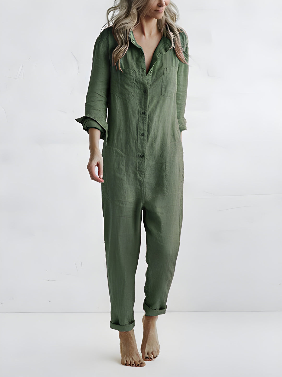 Women's Jumpsuit - Button Front Shirt Collar Long Sleeve | Casual