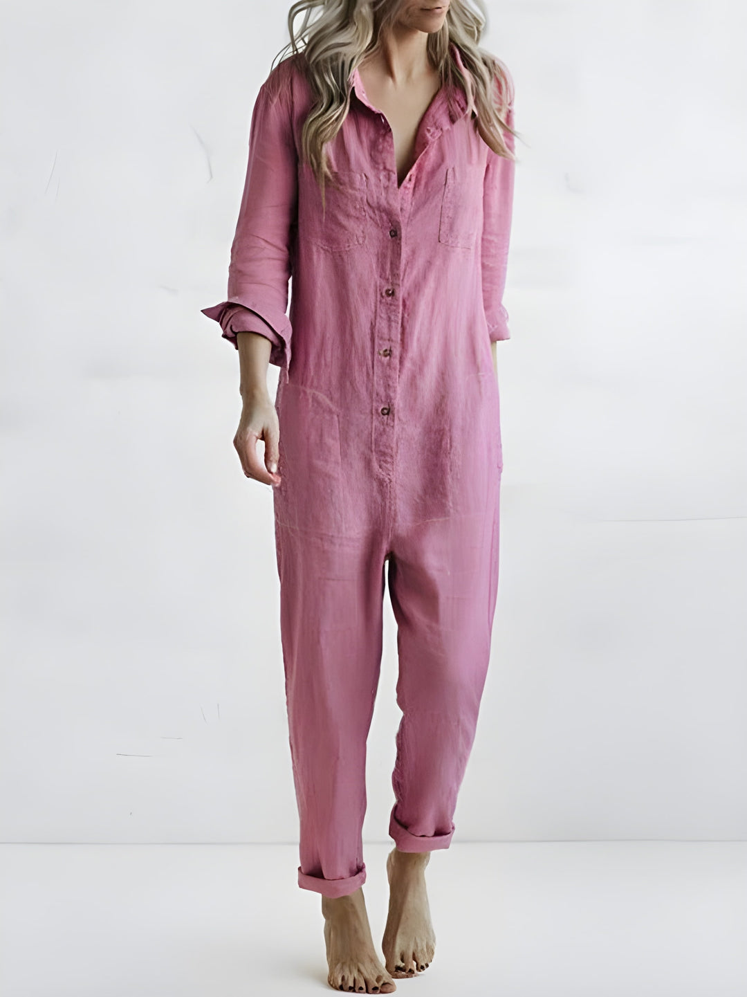 Women's Jumpsuit - Button Front Shirt Collar Long Sleeve | Casual