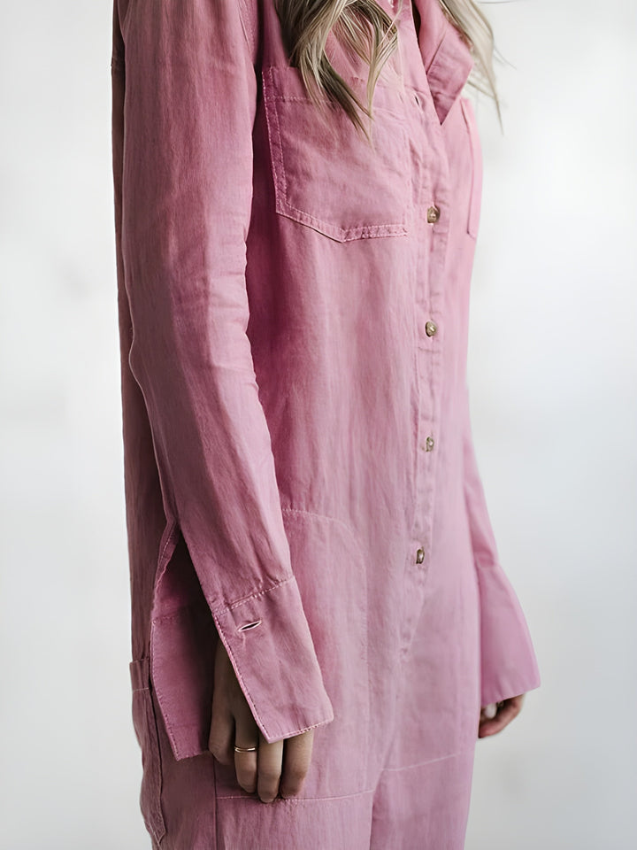 Women's Jumpsuit - Button Front Shirt Collar Long Sleeve | Casual