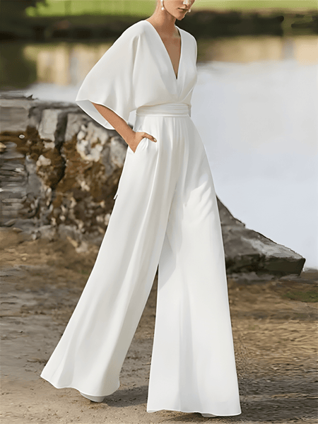 Jumpsuit Women - Wide Leg V-Neck with Wrap Waist | Elegant