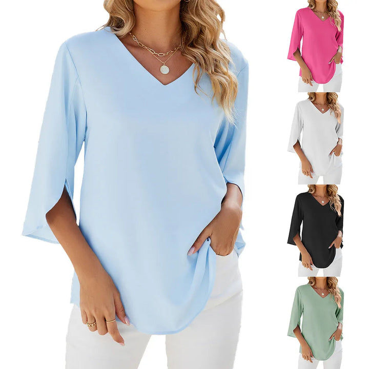 Women's Blouse - V-Neck Three Quarter Sleeve Relaxed Fit Top | Casual