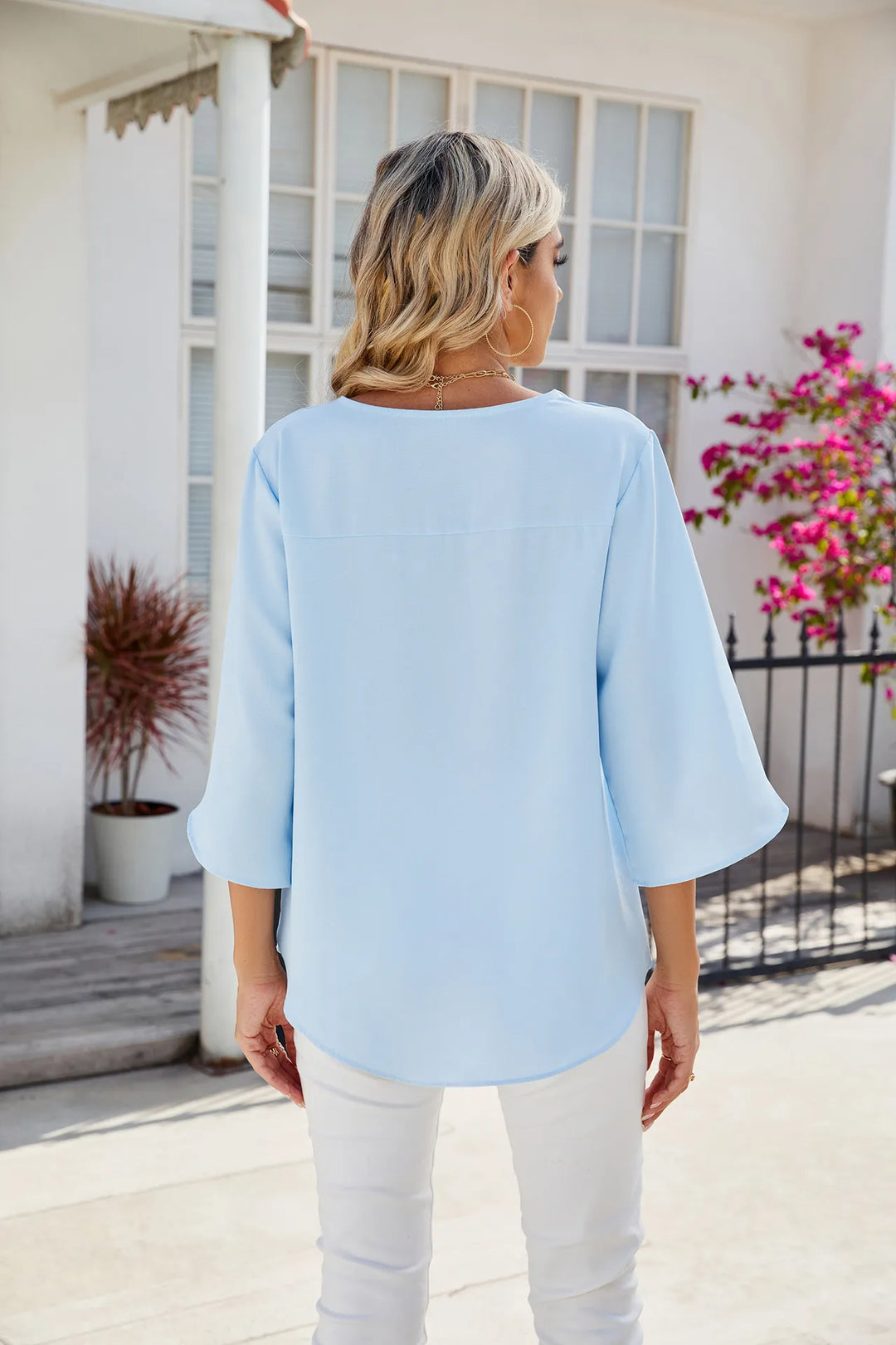 Women's Blouse - V-Neck Three Quarter Sleeve Relaxed Fit Top | Casual