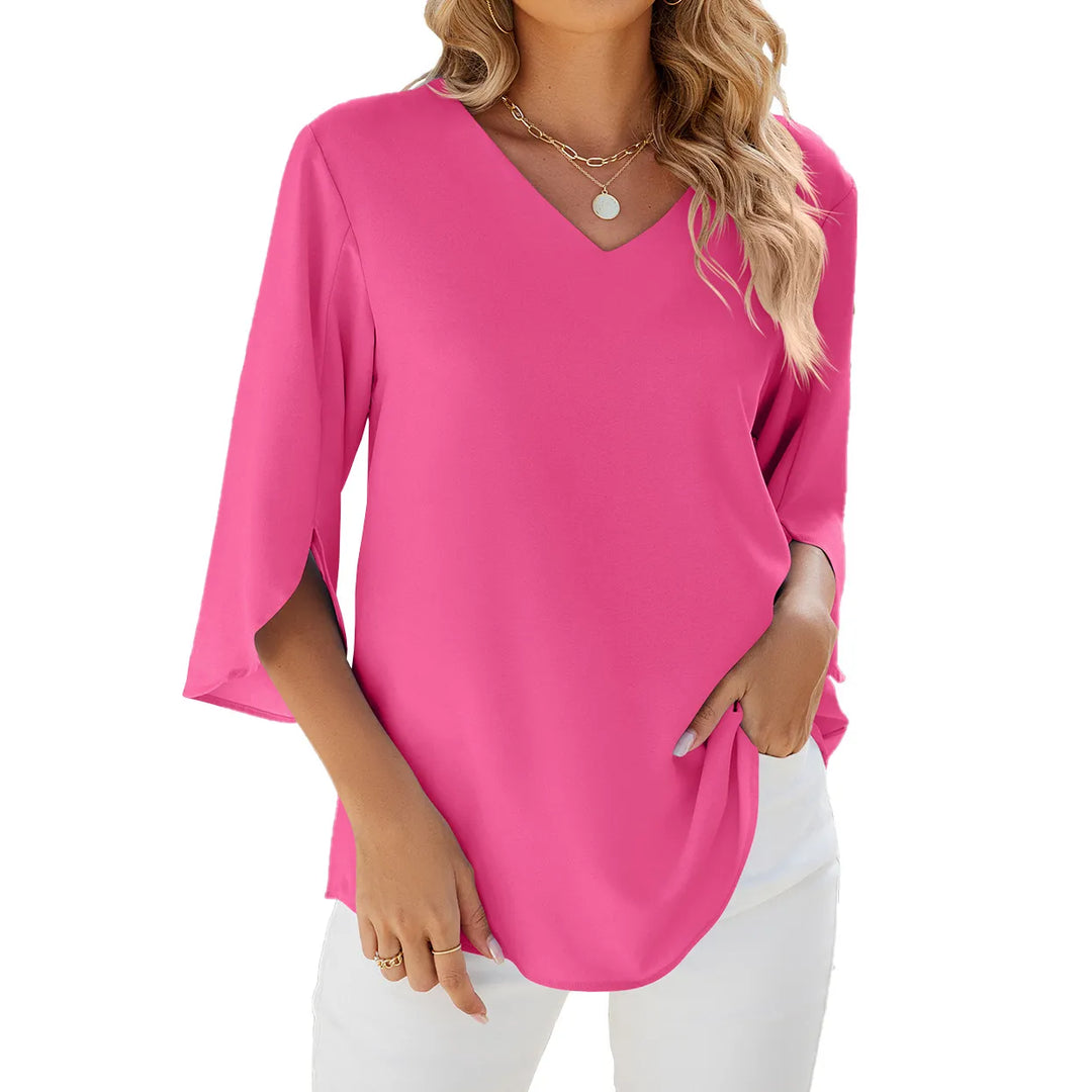 Women's Blouse - V-Neck Three Quarter Sleeve Relaxed Fit Top | Casual