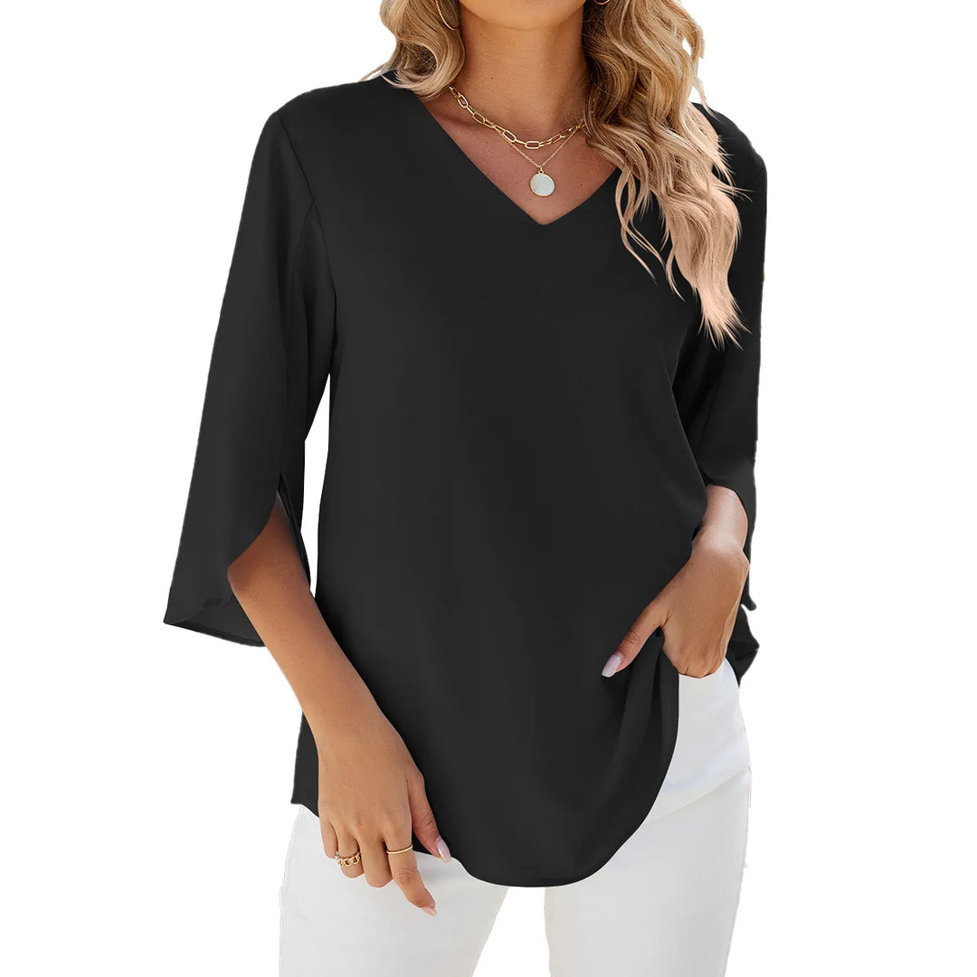 Women's Blouse - V-Neck Three Quarter Sleeve Relaxed Fit Top | Casual