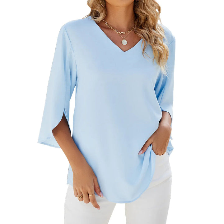 Women's Blouse - V-Neck Three Quarter Sleeve Relaxed Fit Top | Casual