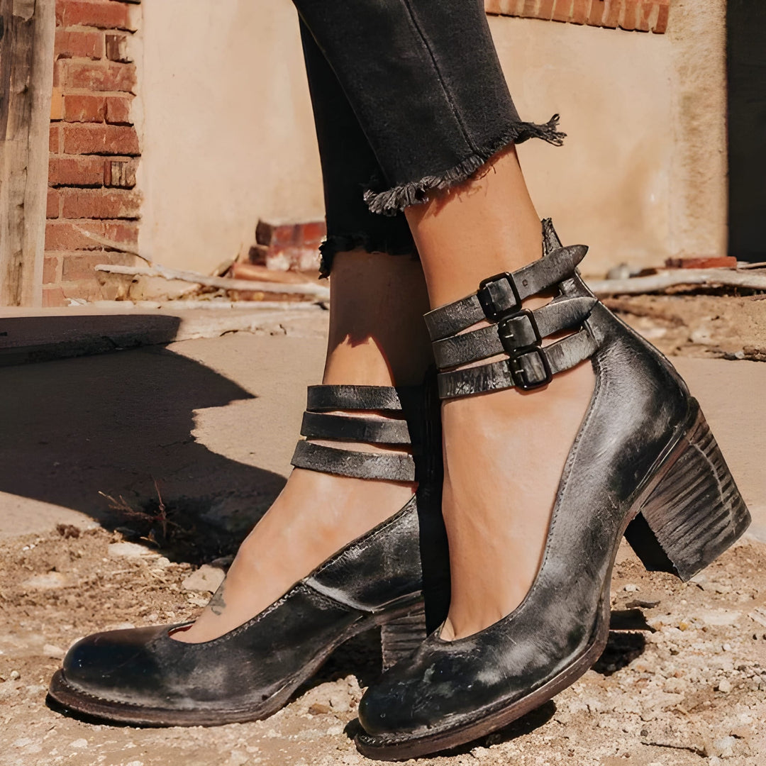 Women's Heels - Block Heel Double Ankle Strap Closed Toe | Classic