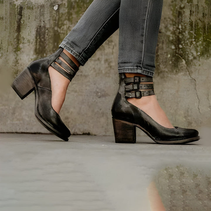 Women's Heels - Block Heel Double Ankle Strap Closed Toe | Classic