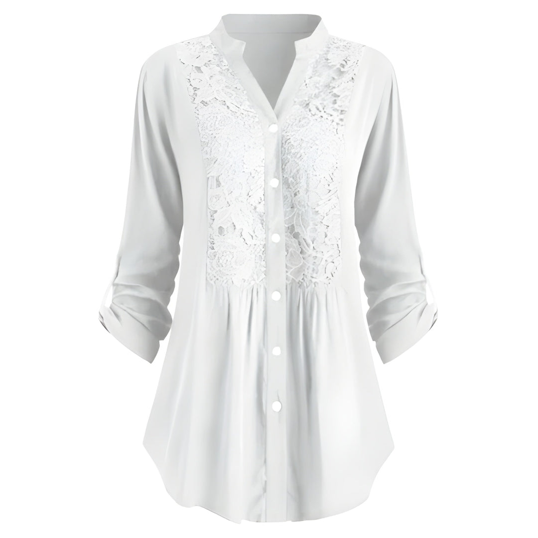 Blouse Women - Button Front Floral Panel Roll-up Sleeves | Elegant