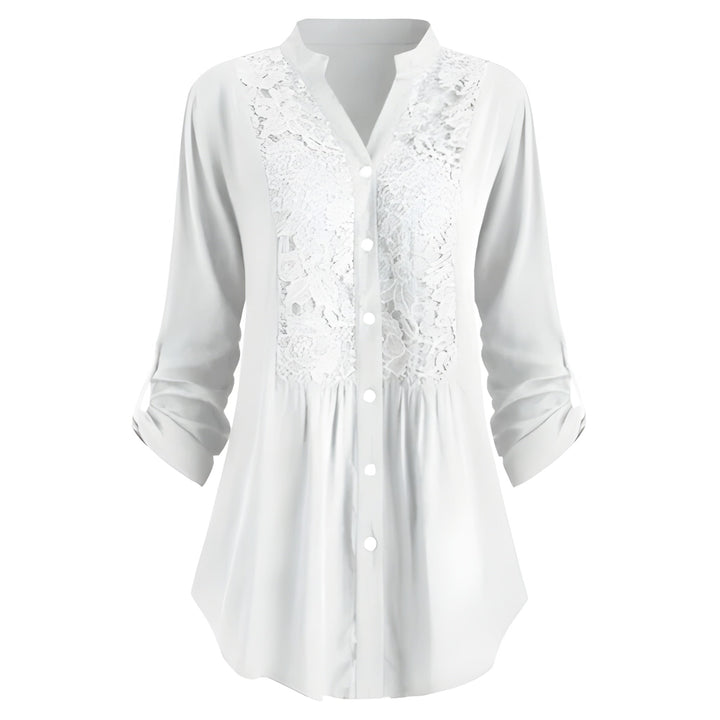 Blouse Women - Button Front Floral Panel Roll-up Sleeves | Elegant