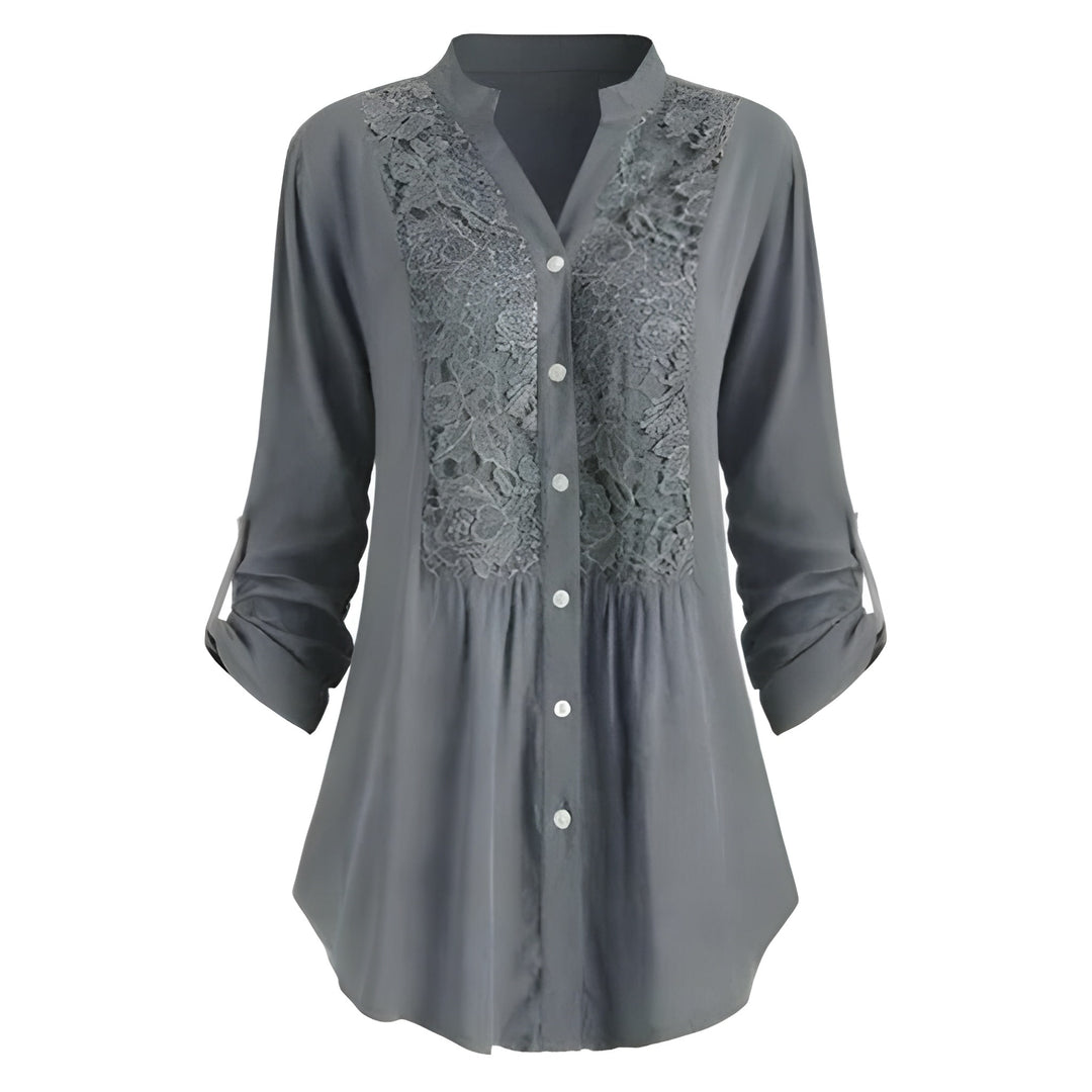 Blouse Women - Button Front Floral Panel Roll-up Sleeves | Elegant