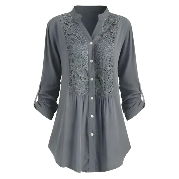 Blouse Women - Button Front Floral Panel Roll-up Sleeves | Elegant