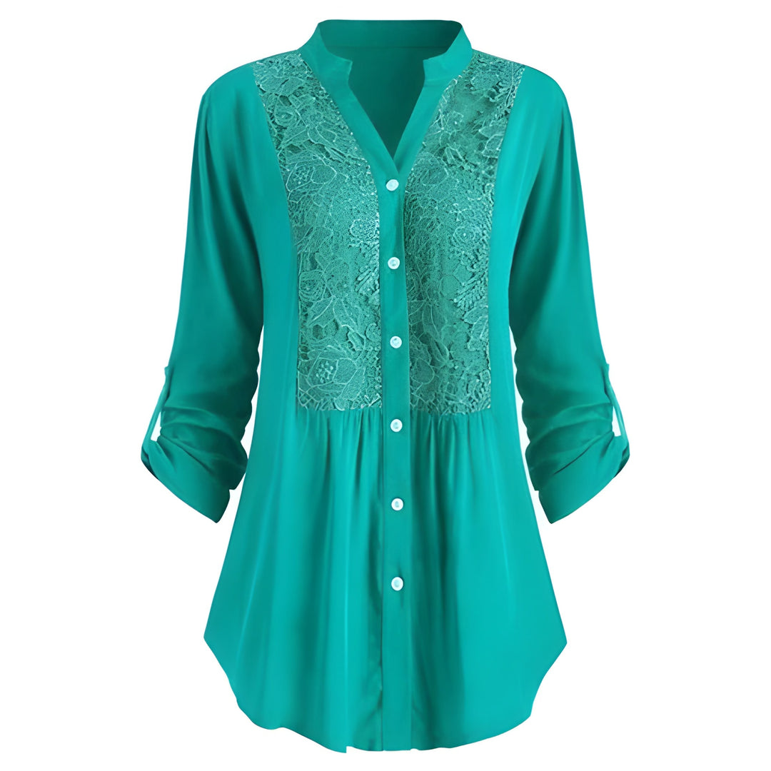 Blouse Women - Button Front Floral Panel Roll-up Sleeves | Elegant
