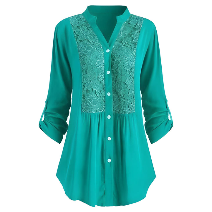 Blouse Women - Button Front Floral Panel Roll-up Sleeves | Elegant