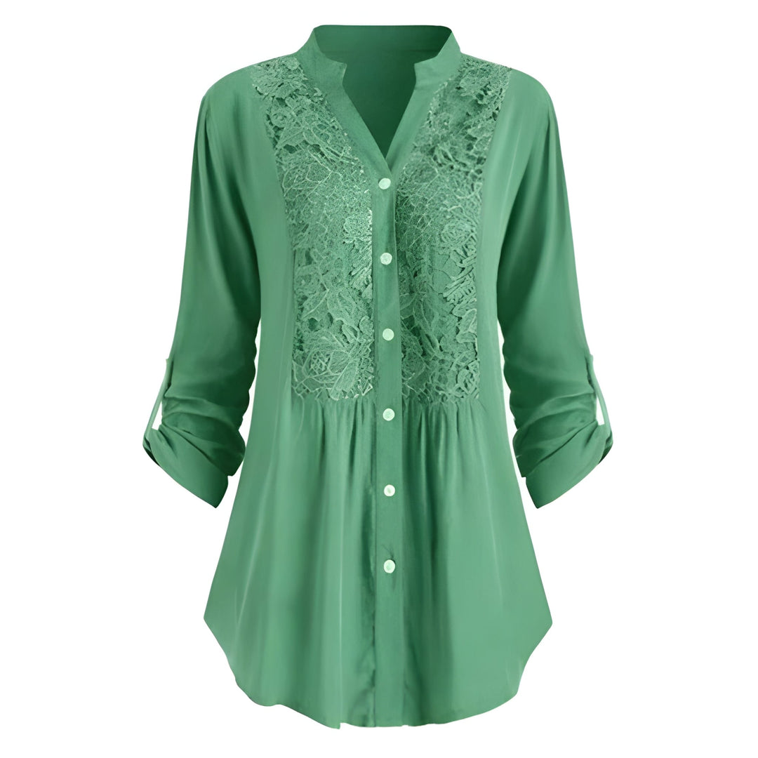 Blouse Women - Button Front Floral Panel Roll-up Sleeves | Elegant