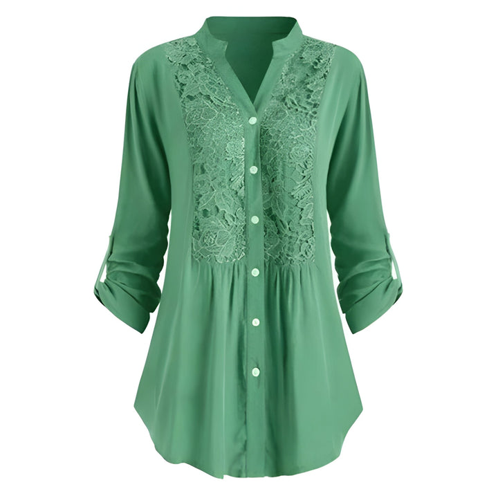Blouse Women - Button Front Floral Panel Roll-up Sleeves | Elegant