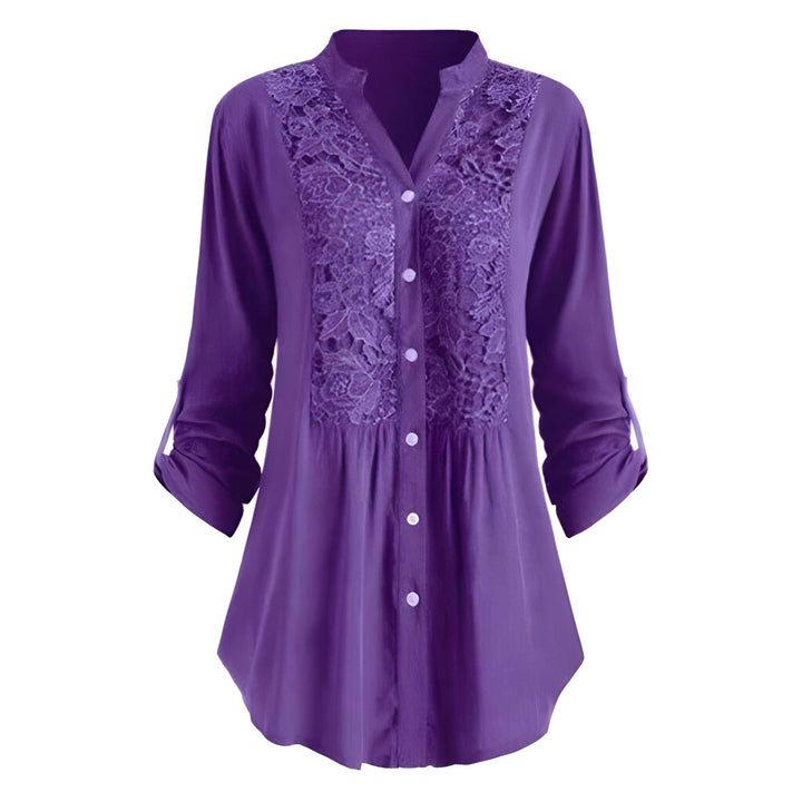 Blouse Women - Button Front Floral Panel Roll-up Sleeves | Elegant