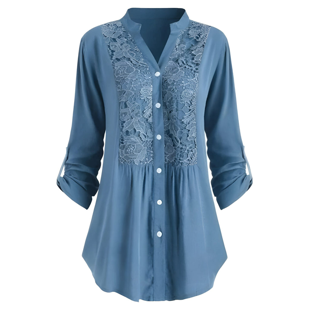 Blouse Women - Button Front Floral Panel Roll-up Sleeves | Elegant