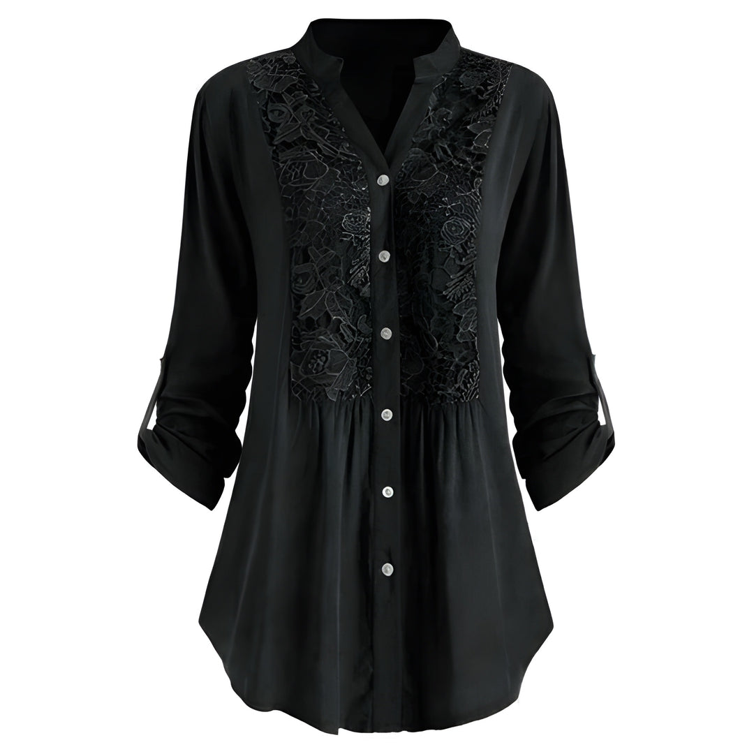Blouse Women - Button Front Floral Panel Roll-up Sleeves | Elegant
