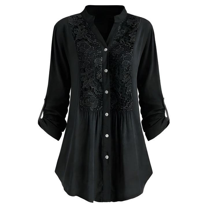 Blouse Women - Button Front Floral Panel Roll-up Sleeves | Elegant