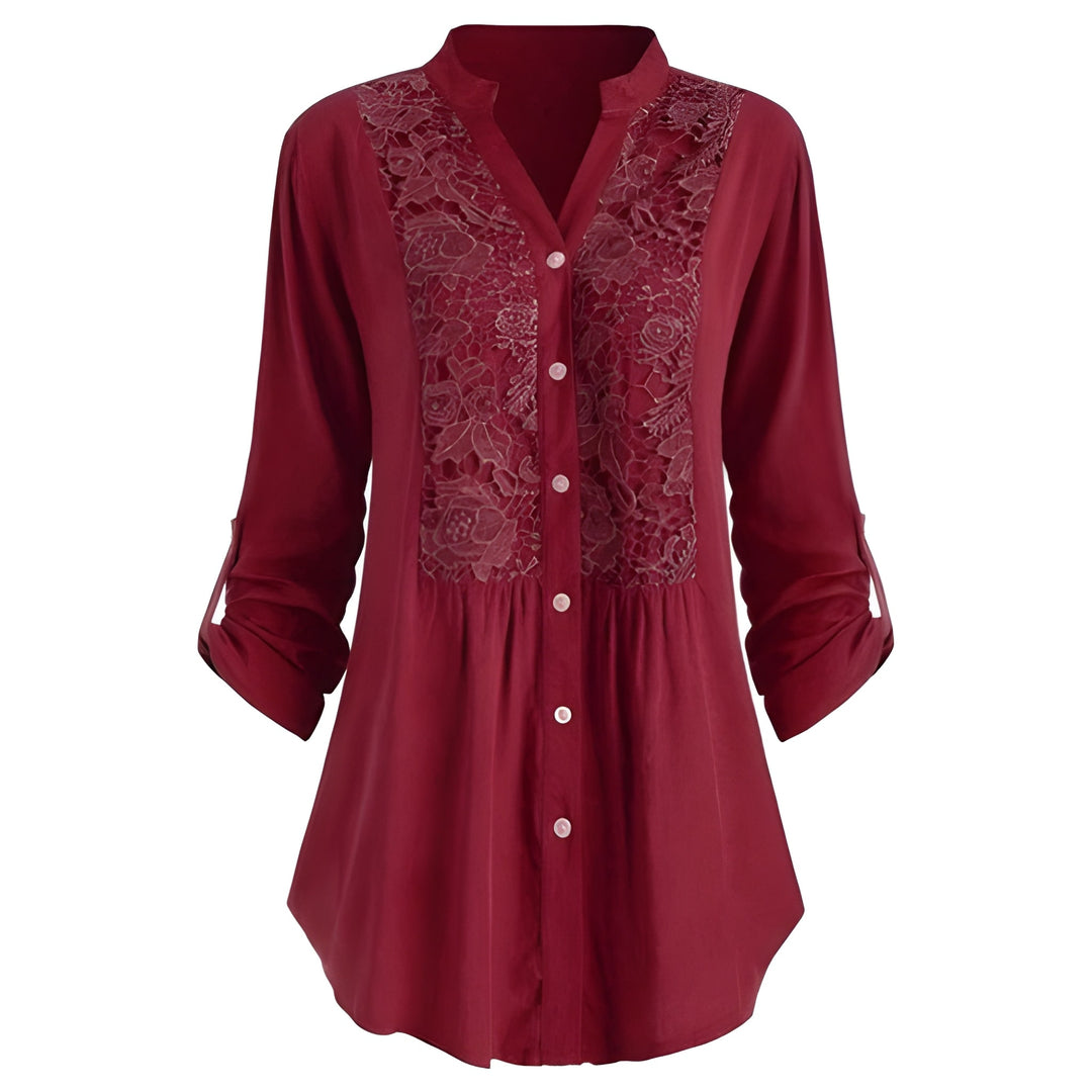 Blouse Women - Button Front Floral Panel Roll-up Sleeves | Elegant