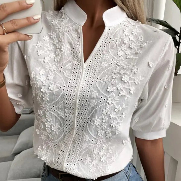 Women's Blouse - Floral Embroidered Short Sleeve V-Neck Top | Chic