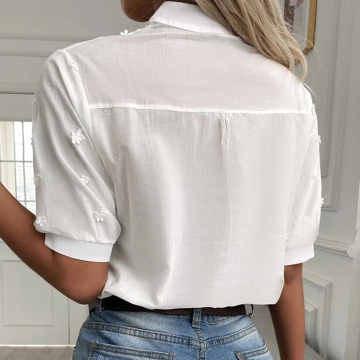 Women's Blouse - Floral Embroidered Short Sleeve V-Neck Top | Chic