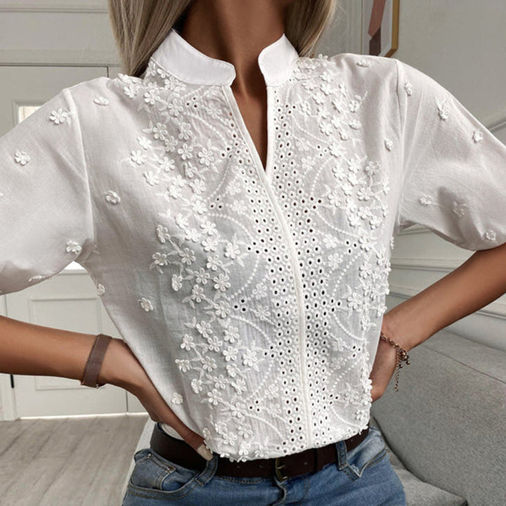 Women's Blouse - Floral Embroidered Short Sleeve V-Neck Top | Chic