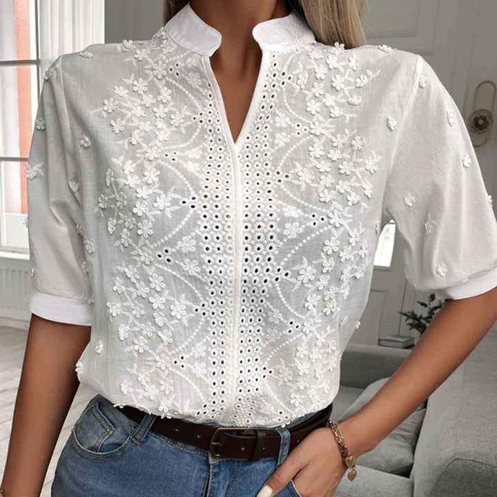 Women's Blouse - Floral Embroidered Short Sleeve V-Neck Top | Chic